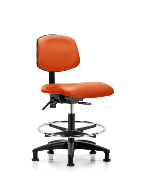 Blue Ridge Ergonomics VMBCH-RG-T0-A0-CF-RG-8613 Rutledge Vinyl Chair - Medium Bench Height with Chrome Foot Ring & Stationary Glides in Orange Kist Trailblazer™ Vinyl