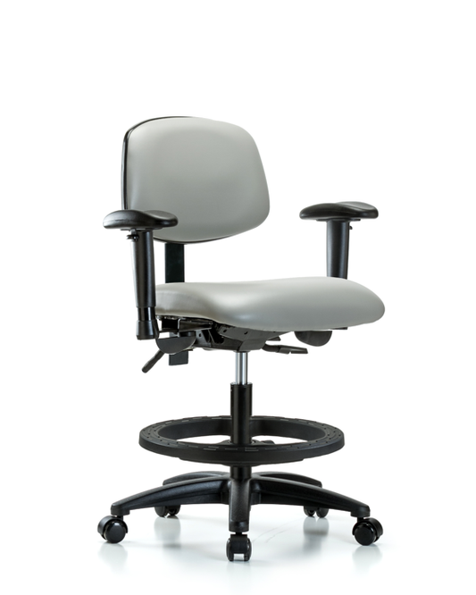 Blue Ridge Ergonomics VMBCH-RG-T0-A1-BF-RC-8567 Rutledge Vinyl Chair - Medium Bench Height with Adjustable Arms, Black Foot Ring, & Casters in Dove Trailblazer™ Vinyl
