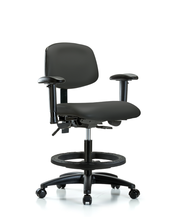 Blue Ridge Ergonomics VMBCH-RG-T0-A1-BF-RC-8605 Rutledge Vinyl Chair - Medium Bench Height with Adjustable Arms, Black Foot Ring, & Casters in Charcoal Trailblazer™ Vinyl