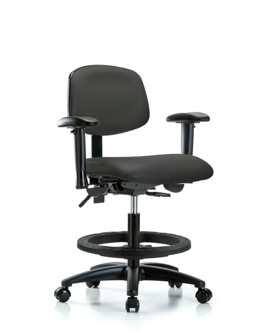 Blue Ridge Ergonomics VMBCH-RG-T0-A1-BF-RC-8605 Rutledge Vinyl Chair - Medium Bench Height with Adjustable Arms, Black Foot Ring, & Casters in Charcoal Trailblazer™ Vinyl