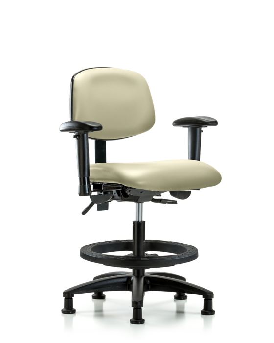 Blue Ridge Ergonomics VMBCH-RG-T0-A1-BF-RG-8501 Rutledge Vinyl Chair - Medium Bench Height with Adjustable Arms, Black Foot Ring, & Stationary Glides in Adobe White Trailblazer™ Vinyl