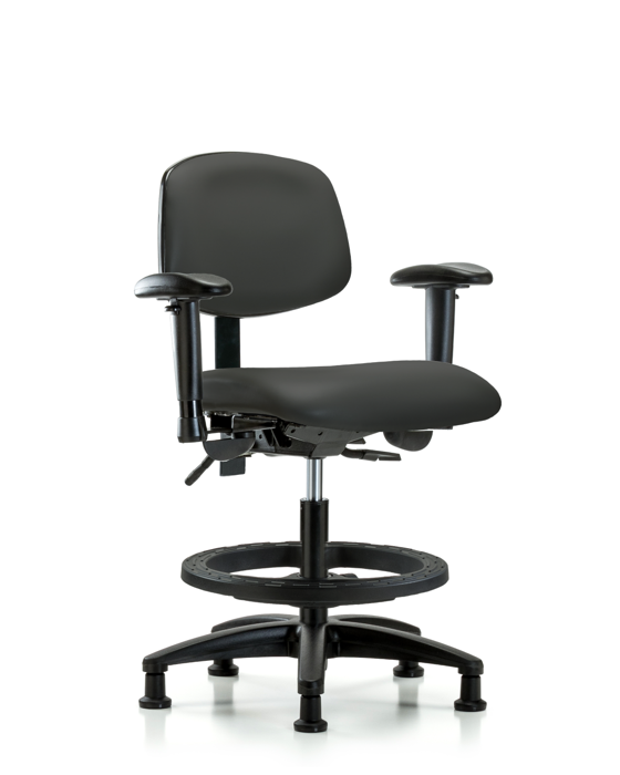 Blue Ridge Ergonomics VMBCH-RG-T0-A1-BF-RG-8605 Rutledge Vinyl Chair - Medium Bench Height with Adjustable Arms, Black Foot Ring, & Stationary Glides in Charcoal Trailblazer™ Vinyl