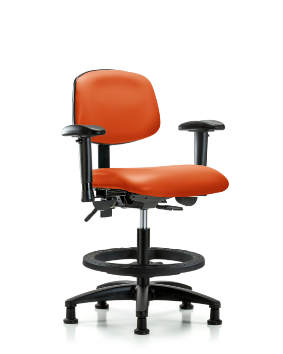 Blue Ridge Ergonomics VMBCH-RG-T0-A1-BF-RG-8613 Rutledge Vinyl Chair - Medium Bench Height with Adjustable Arms, Black Foot Ring, & Stationary Glides in Orange Kist Trailblazer™ Vinyl