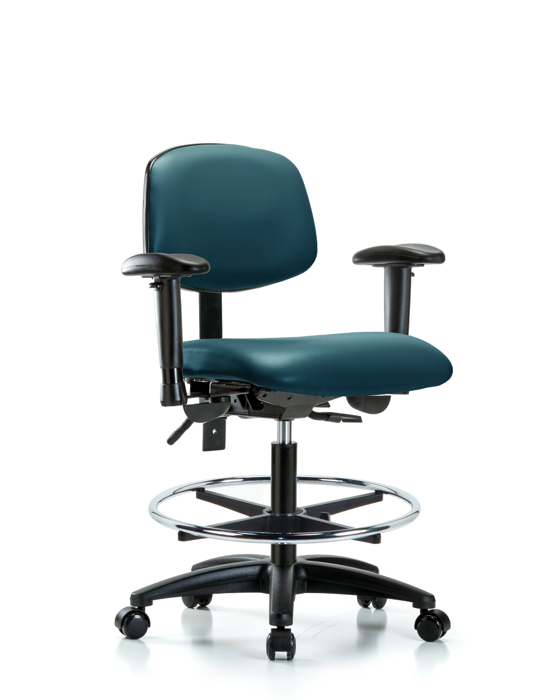 Blue Ridge Ergonomics VMBCH-RG-T0-A1-CF-RC-8801 Rutledge Vinyl Chair - Medium Bench Height with Adjustable Arms, Chrome Foot Ring, & Casters in Marine Blue Supernova™ Vinyl