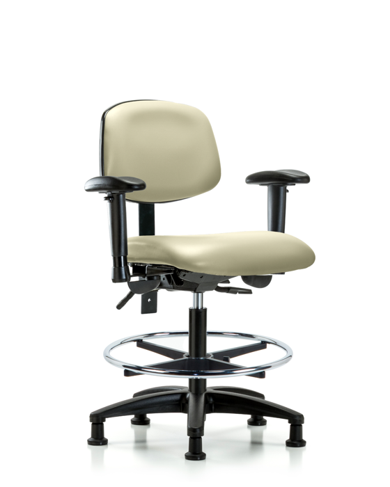Blue Ridge Ergonomics VMBCH-RG-T0-A1-CF-RG-8501 Rutledge Vinyl Chair - Medium Bench Height with Adjustable Arms, Chrome Foot Ring, & Stationary Glides in Adobe White Trailblazer™ Vinyl