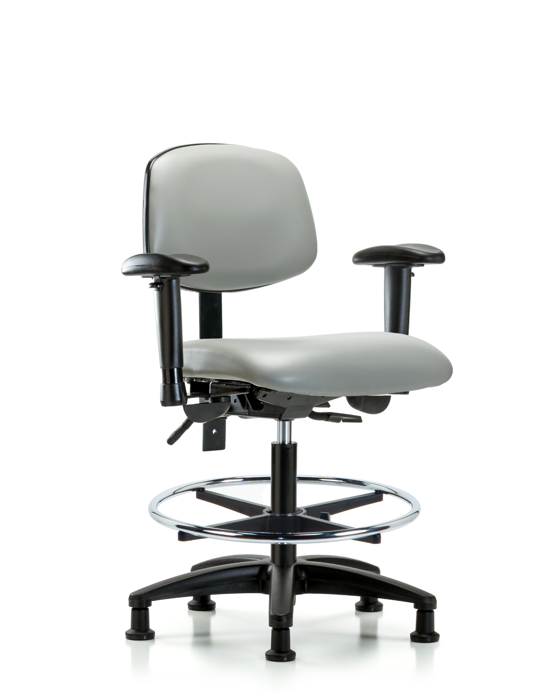 Blue Ridge Ergonomics VMBCH-RG-T0-A1-CF-RG-8567 Rutledge Vinyl Chair - Medium Bench Height with Adjustable Arms, Chrome Foot Ring, & Stationary Glides in Dove Trailblazer™ Vinyl