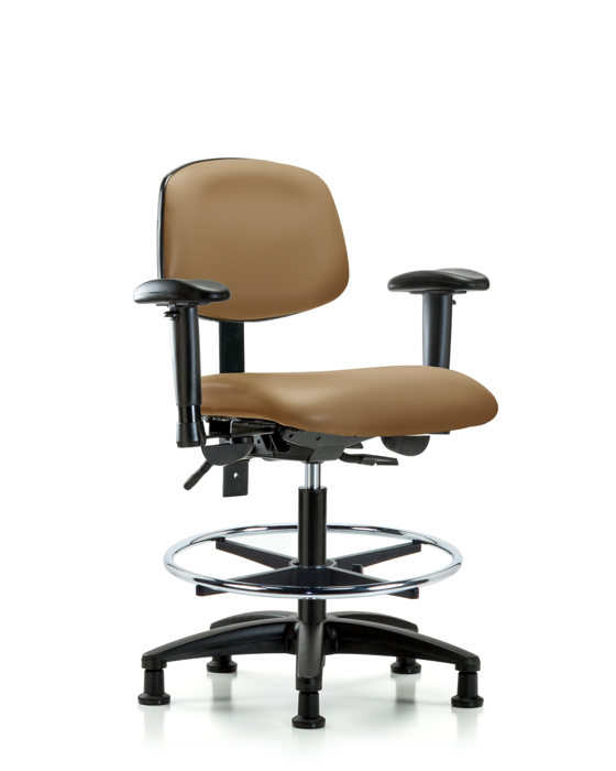 Blue Ridge Ergonomics VMBCH-RG-T0-A1-CF-RG-8584 Rutledge Vinyl Chair - Medium Bench Height with Adjustable Arms, Chrome Foot Ring, & Stationary Glides in Taupe Trailblazer™ Vinyl