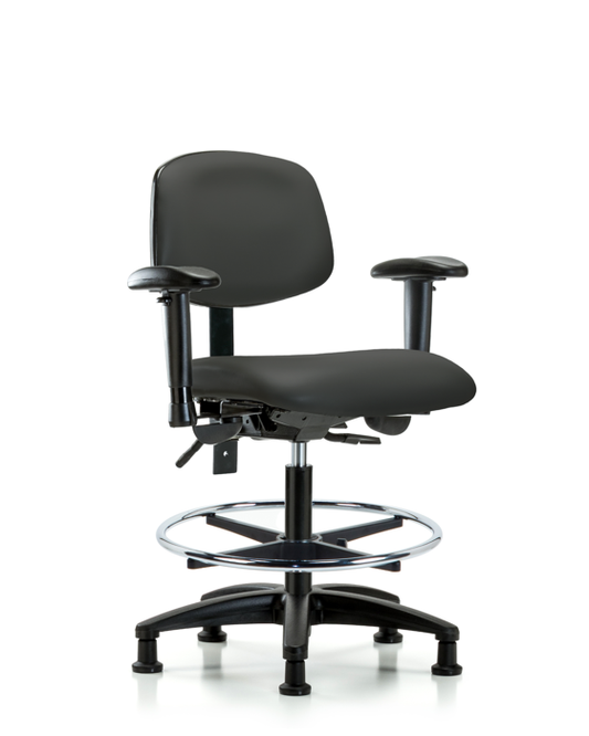 Blue Ridge Ergonomics VMBCH-RG-T0-A1-CF-RG-8605 Rutledge Vinyl Chair - Medium Bench Height with Adjustable Arms, Chrome Foot Ring, & Stationary Glides in Charcoal Trailblazer™ Vinyl