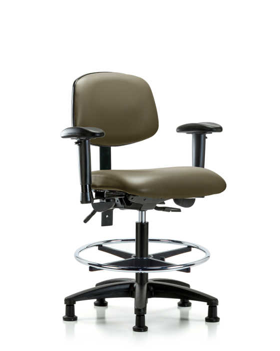 Blue Ridge Ergonomics VMBCH-RG-T0-A1-CF-RG-8809 Rutledge Vinyl Chair - Medium Bench Height with Adjustable Arms, Chrome Foot Ring, & Stationary Glides in Taupe Supernova™ Vinyl