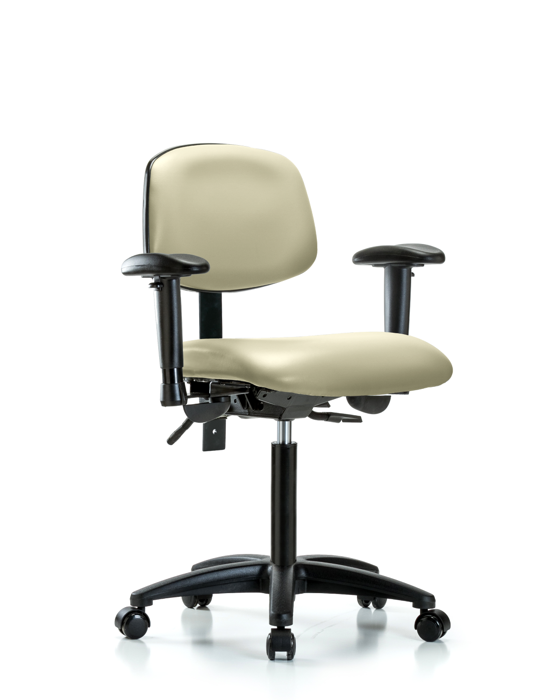 Blue Ridge Ergonomics VMBCH-RG-T0-A1-NF-RC-8501 Rutledge Vinyl Chair - Medium Bench Height with Adjustable Arms & Casters in Adobe White Trailblazer™ Vinyl