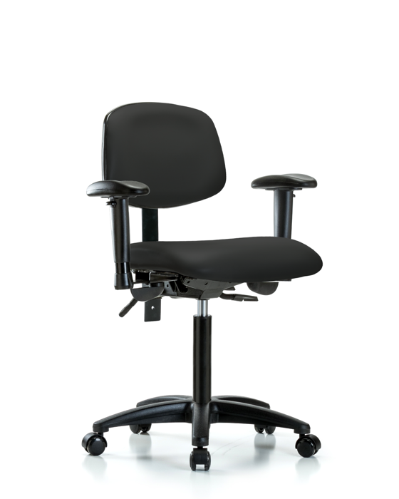 Blue Ridge Ergonomics VMBCH-RG-T0-A1-NF-RC-8540 Rutledge Vinyl Chair - Medium Bench Height with Adjustable Arms & Casters in Black Trailblazer™ Vinyl