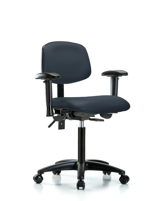 Blue Ridge Ergonomics VMBCH-RG-T0-A1-NF-RC-8582 Rutledge Vinyl Chair - Medium Bench Height with Adjustable Arms & Casters in Imperial Blue Trailblazer™ Vinyl