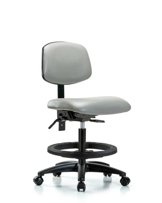 Blue Ridge Ergonomics VMBCH-RG-T1-A0-BF-RC-8567 Rutledge Vinyl Chair - Medium Bench Height with Seat Tilt, Black Foot Ring, & Casters in Dove Trailblazer™ Vinyl