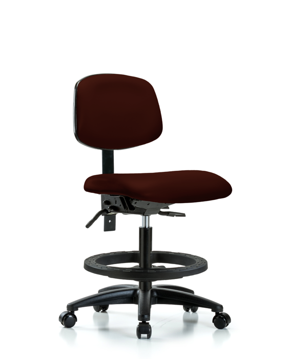 Blue Ridge Ergonomics VMBCH-RG-T1-A0-BF-RC-8569 Rutledge Vinyl Chair - Medium Bench Height with Seat Tilt, Black Foot Ring, & Casters in Burgundy Trailblazer™ Vinyl