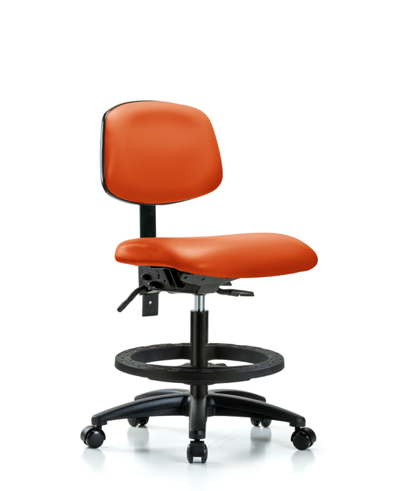 Blue Ridge Ergonomics VMBCH-RG-T1-A0-BF-RC-8613 Rutledge Vinyl Chair - Medium Bench Height with Seat Tilt, Black Foot Ring, & Casters in Orange Kist Trailblazer™ Vinyl