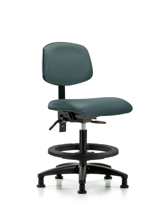 Blue Ridge Ergonomics VMBCH-RG-T1-A0-BF-RG-8546 Rutledge Vinyl Chair - Medium Bench Height with Seat Tilt, Black Foot Ring, & Stationary Glides in Colonial Blue Trailblazer™ Vinyl