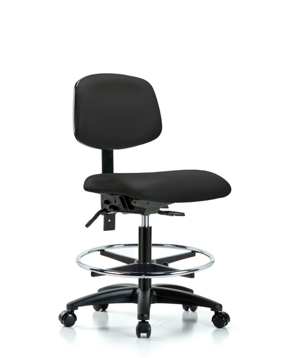 Blue Ridge Ergonomics VMBCH-RG-T1-A0-CF-RC-8540 Rutledge Vinyl Chair - Medium Bench Height with Seat Tilt, Chrome Foot Ring, & Casters in Black Trailblazer™ Vinyl