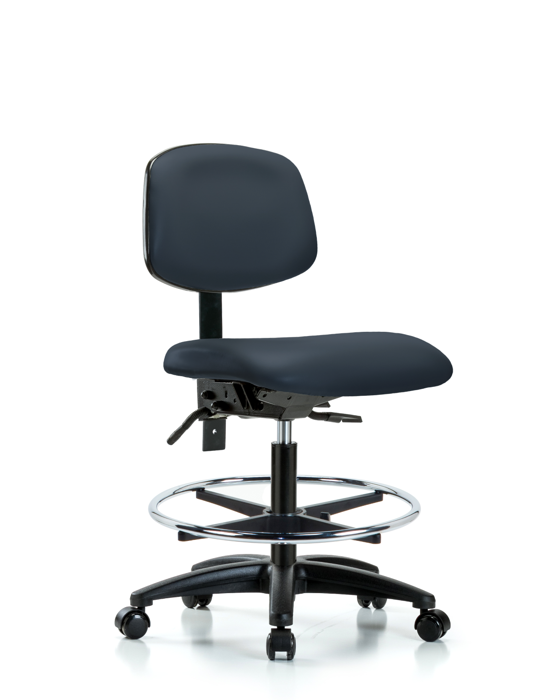 Blue Ridge Ergonomics VMBCH-RG-T1-A0-CF-RC-8582 Rutledge Vinyl Chair - Medium Bench Height with Seat Tilt, Chrome Foot Ring, & Casters in Imperial Blue Trailblazer™ Vinyl