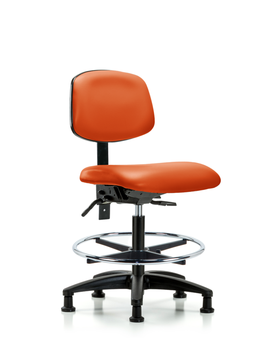 Blue Ridge Ergonomics VMBCH-RG-T1-A0-CF-RG-8613 Rutledge Vinyl Chair - Medium Bench Height with Seat Tilt, Chrome Foot Ring, & Stationary Glides in Orange Kist Trailblazer™ Vinyl