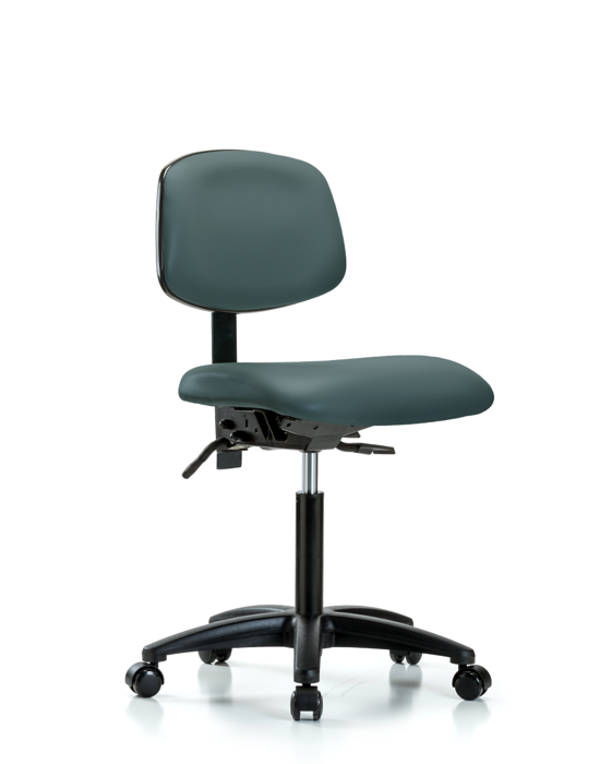 Blue Ridge Ergonomics VMBCH-RG-T1-A0-NF-RC-8546 Rutledge Vinyl Chair - Medium Bench Height with Seat Tilt & Casters in Colonial Blue Trailblazer™ Vinyl