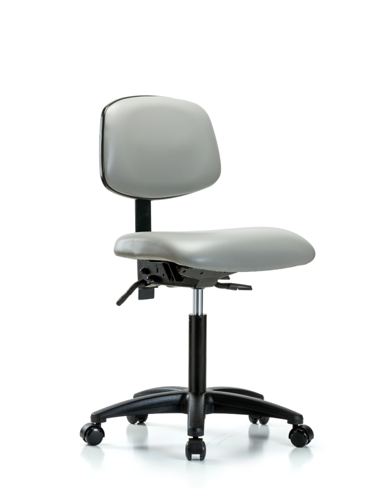 Blue Ridge Ergonomics VMBCH-RG-T1-A0-NF-RC-8567 Rutledge Vinyl Chair - Medium Bench Height with Seat Tilt & Casters in Dove Trailblazer™ Vinyl