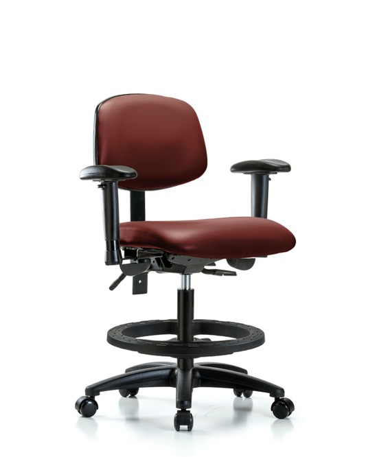 Blue Ridge Ergonomics VMBCH-RG-T1-A1-BF-RC-8815 Rutledge Vinyl Chair - Medium Bench Height with Seat Tilt, Adjustable Arms, Black Foot Ring, & Casters in Borscht Supernova™ Vinyl
