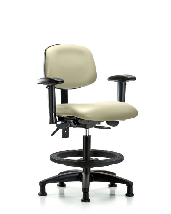 Blue Ridge Ergonomics VMBCH-RG-T1-A1-BF-RG-8501 Rutledge Vinyl Chair - Medium Bench Height with Seat Tilt, Adjustable Arms, Black Foot Ring, & Stationary Glides in Adobe White Trailblazer™ Vinyl