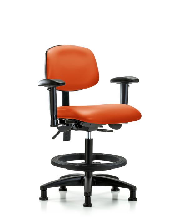 Blue Ridge Ergonomics VMBCH-RG-T1-A1-BF-RG-8613 Rutledge Vinyl Chair - Medium Bench Height with Seat Tilt, Adjustable Arms, Black Foot Ring, & Stationary Glides in Orange Kist Trailblazer™ Vinyl