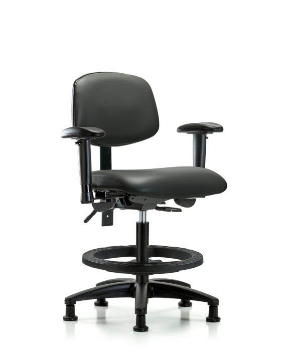 Blue Ridge Ergonomics VMBCH-RG-T1-A1-BF-RG-8823 Rutledge Vinyl Chair - Medium Bench Height with Seat Tilt, Adjustable Arms, Black Foot Ring, & Stationary Glides in Carbon Supernova™ Vinyl