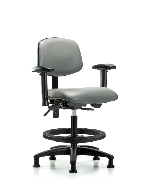 Blue Ridge Ergonomics VMBCH-RG-T1-A1-BF-RG-8840 Rutledge Vinyl Chair - Medium Bench Height with Seat Tilt, Adjustable Arms, Black Foot Ring, & Stationary Glides in Sterling Supernova™ Vinyl