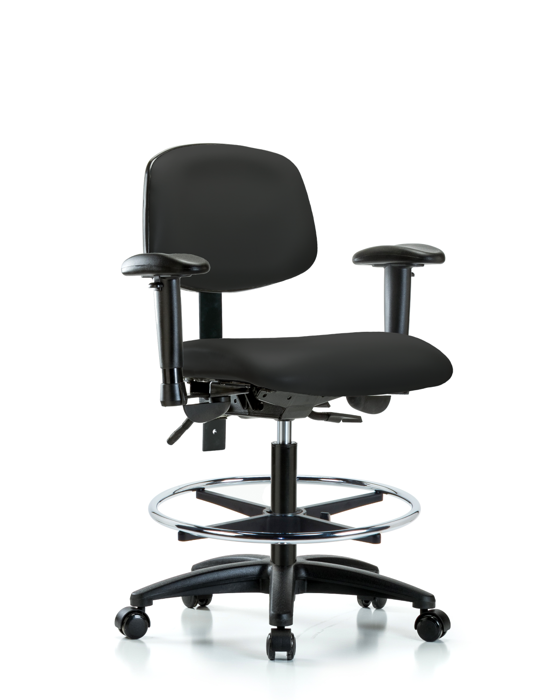 Blue Ridge Ergonomics VMBCH-RG-T1-A1-CF-RC-8540 Rutledge Vinyl Chair - Medium Bench Height with Seat Tilt, Adjustable Arms, Chrome Foot Ring, & Casters in Black Trailblazer™ Vinyl