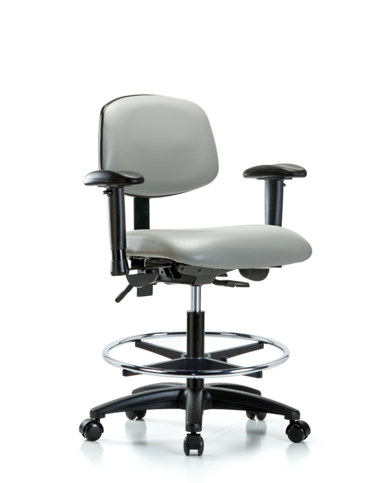 Blue Ridge Ergonomics VMBCH-RG-T1-A1-CF-RC-8567 Rutledge Vinyl Chair - Medium Bench Height with Seat Tilt, Adjustable Arms, Chrome Foot Ring, & Casters in Dove Trailblazer™ Vinyl