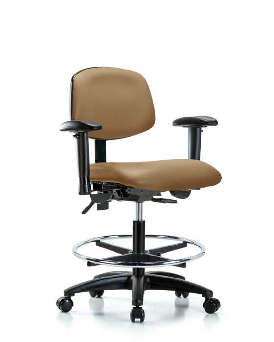 Blue Ridge Ergonomics VMBCH-RG-T1-A1-CF-RC-8584 Rutledge Vinyl Chair - Medium Bench Height with Seat Tilt, Adjustable Arms, Chrome Foot Ring, & Casters in Taupe Trailblazer™ Vinyl