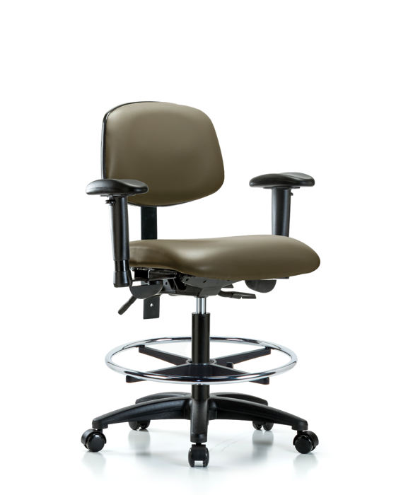 Blue Ridge Ergonomics VMBCH-RG-T1-A1-CF-RC-8809 Rutledge Vinyl Chair - Medium Bench Height with Seat Tilt, Adjustable Arms, Chrome Foot Ring, & Casters in Taupe Supernova™ Vinyl