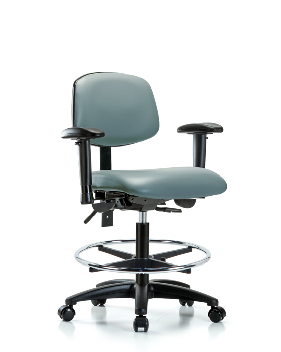 Blue Ridge Ergonomics VMBCH-RG-T1-A1-CF-RC-8822 Rutledge Vinyl Chair - Medium Bench Height with Seat Tilt, Adjustable Arms, Chrome Foot Ring, & Casters in Storm Supernova™ Vinyl