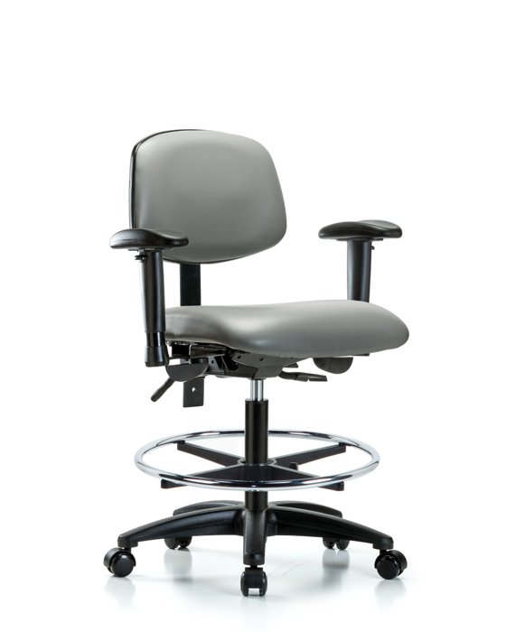 Blue Ridge Ergonomics VMBCH-RG-T1-A1-CF-RC-8840 Rutledge Vinyl Chair - Medium Bench Height with Seat Tilt, Adjustable Arms, Chrome Foot Ring, & Casters in Sterling Supernova™ Vinyl