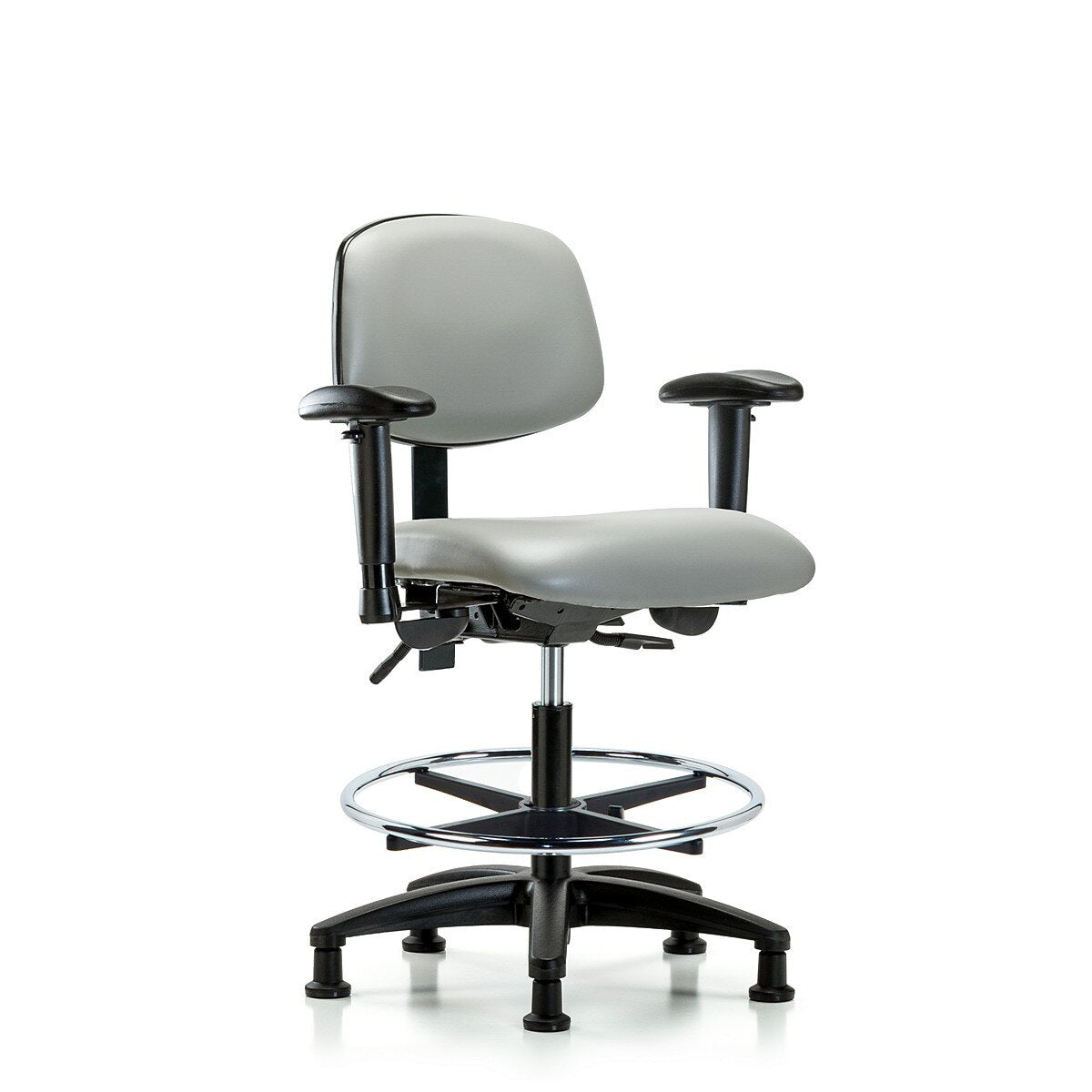 Blue Ridge Ergonomics VMBCH-RG-T1-A1-CF-RG-8567 Rutledge Vinyl Chair - Medium Bench Height with Seat Tilt, Adjustable Arms, Chrome Foot Ring, & Stationary Glides in Dove Trailblazer™ Vinyl