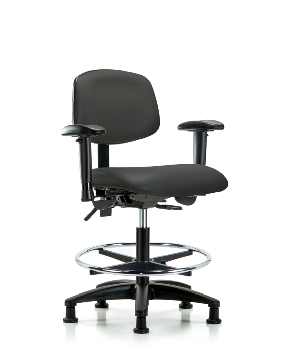 Blue Ridge Ergonomics VMBCH-RG-T1-A1-CF-RG-8605 Rutledge Vinyl Chair - Medium Bench Height with Seat Tilt, Adjustable Arms, Chrome Foot Ring, & Stationary Glides in Charcoal Trailblazer™ Vinyl