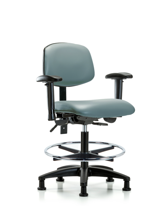 Blue Ridge Ergonomics VMBCH-RG-T1-A1-CF-RG-8822 Rutledge Vinyl Chair - Medium Bench Height with Seat Tilt, Adjustable Arms, Chrome Foot Ring, & Stationary Glides in Storm Supernova™ Vinyl
