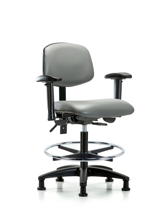 Blue Ridge Ergonomics VMBCH-RG-T1-A1-CF-RG-8840 Rutledge Vinyl Chair - Medium Bench Height with Seat Tilt, Adjustable Arms, Chrome Foot Ring, & Stationary Glides in Sterling Supernova™ Vinyl