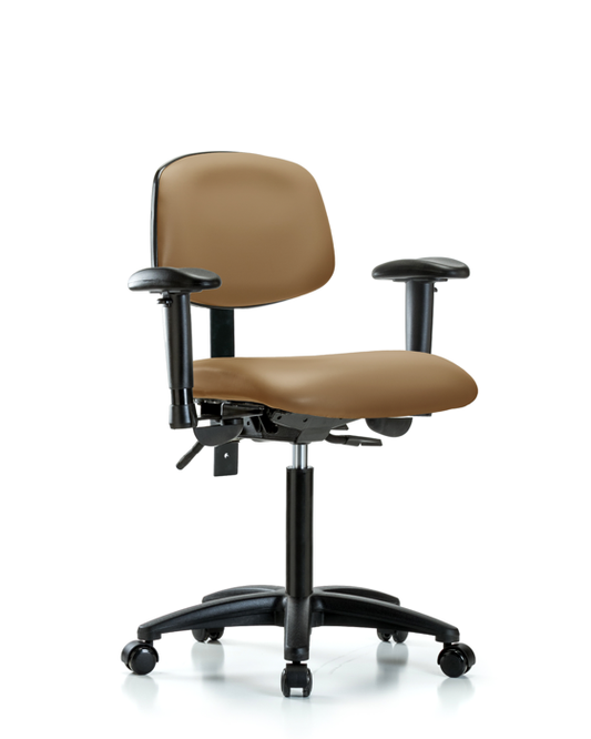 Blue Ridge Ergonomics VMBCH-RG-T1-A1-NF-RC-8584 Rutledge Vinyl Chair - Medium Bench Height with Seat Tilt, Adjustable Arms, & Casters in Taupe Trailblazer™ Vinyl
