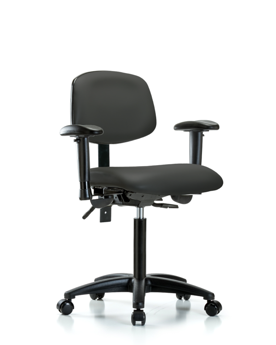 Blue Ridge Ergonomics VMBCH-RG-T1-A1-NF-RC-8605 Rutledge Vinyl Chair - Medium Bench Height with Seat Tilt, Adjustable Arms, & Casters in Charcoal Trailblazer™ Vinyl