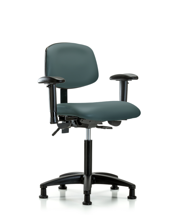 Blue Ridge Ergonomics VMBCH-RG-T1-A1-NF-RG-8546 Rutledge Vinyl Chair - Medium Bench Height with Seat Tilt, Adjustable Arms, & Stationary Glides in Colonial Blue Trailblazer™ Vinyl