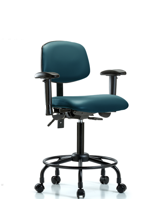 Blue Ridge Ergonomics VMBCH-RT-T0-A1-RC-8801 Rutledge Vinyl Chair - Medium Bench Height with Round Tube Base, Adjustable Arms, & Casters in Marine Blue Supernova™ Vinyl