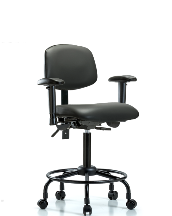 Blue Ridge Ergonomics VMBCH-RT-T0-A1-RC-8823 Rutledge Vinyl Chair - Medium Bench Height with Round Tube Base, Adjustable Arms, & Casters in Carbon Supernova™ Vinyl