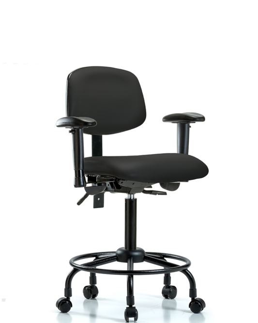Blue Ridge Ergonomics VMBCH-RT-T1-A1-RC-8540 Rutledge Vinyl Chair - Medium Bench Height with Round Tube Base, Seat Tilt, Adjustable Arms, & Casters in Black Trailblazer™ Vinyl