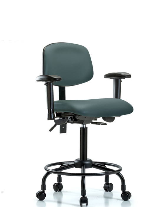 Blue Ridge Ergonomics VMBCH-RT-T1-A1-RC-8546 Rutledge Vinyl Chair - Medium Bench Height with Round Tube Base, Seat Tilt, Adjustable Arms, & Casters in Colonial Blue Trailblazer™ Vinyl