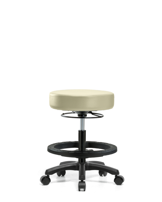 Blue Ridge Ergonomics VMBMS-RG-BF-RC-8501 Vinyl Mini-Stool - Medium Bench Height with Black Foot Ring & Casters in Adobe White Trailblazer™ Vinyl