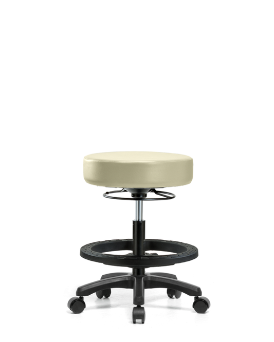 Blue Ridge Ergonomics VMBMS-RG-BF-RC-8501 Vinyl Mini-Stool - Medium Bench Height with Black Foot Ring & Casters in Adobe White Trailblazer™ Vinyl