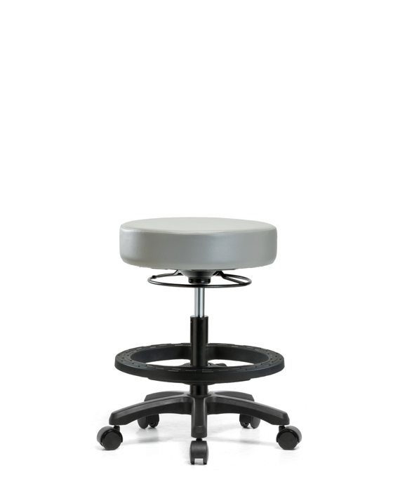 Blue Ridge Ergonomics VMBMS-RG-BF-RC-8567 Vinyl Mini-Stool - Medium Bench Height with Black Foot Ring & Casters in Dove Trailblazer™ Vinyl